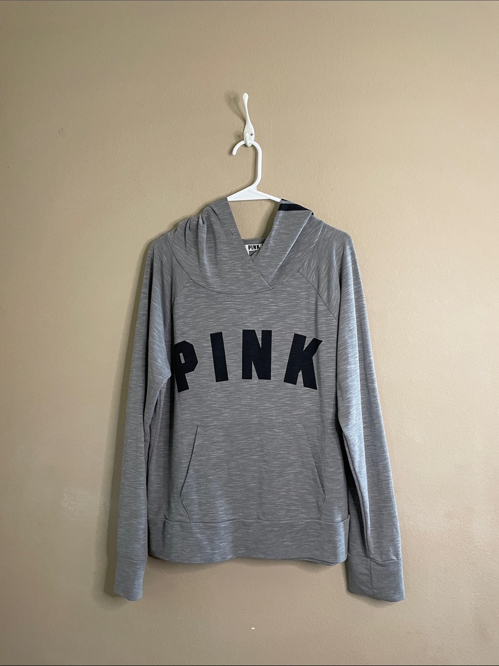 Victoria's Secret PINK Grey Hooded Sweatshirt with Black Logo Trim SZ L